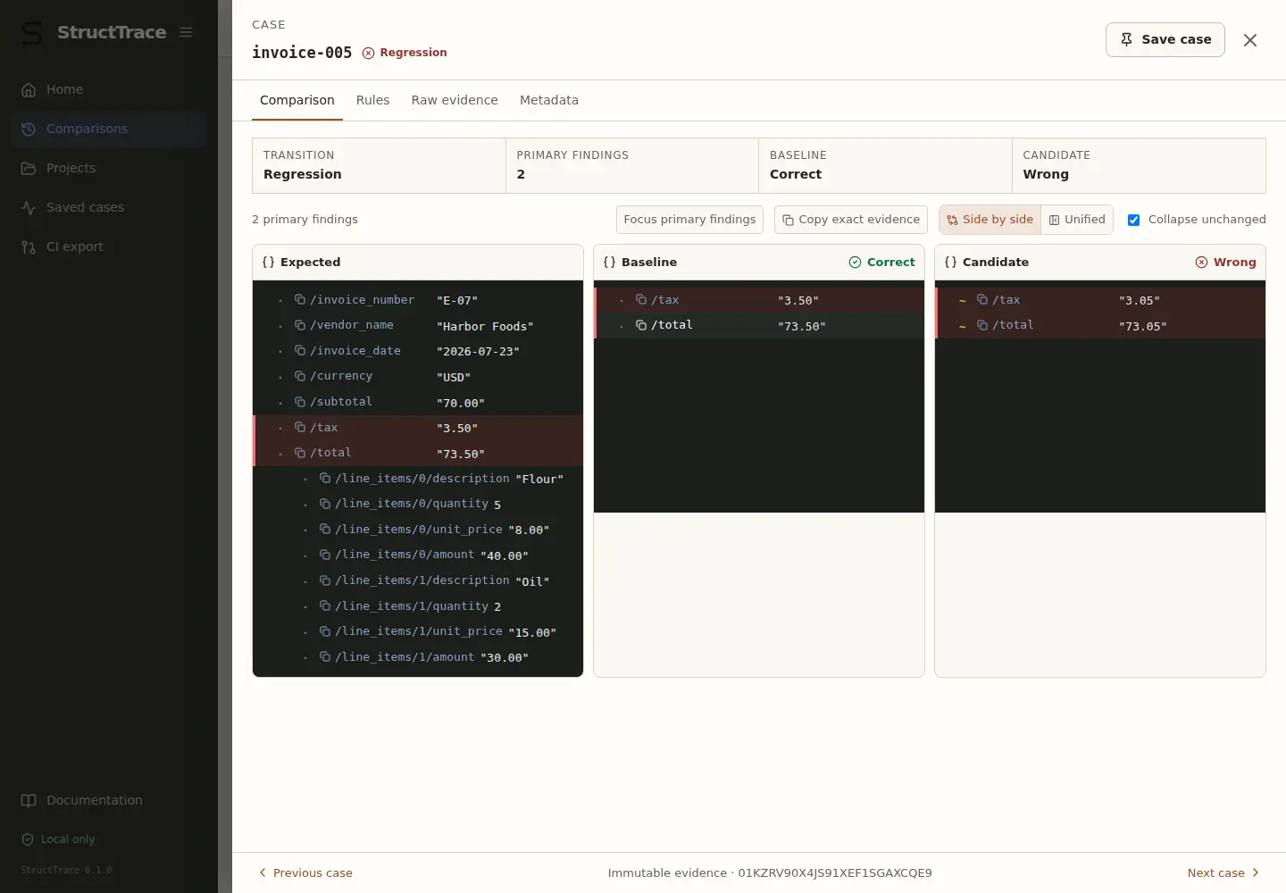 StructTrace case detail showing baseline and candidate evidence