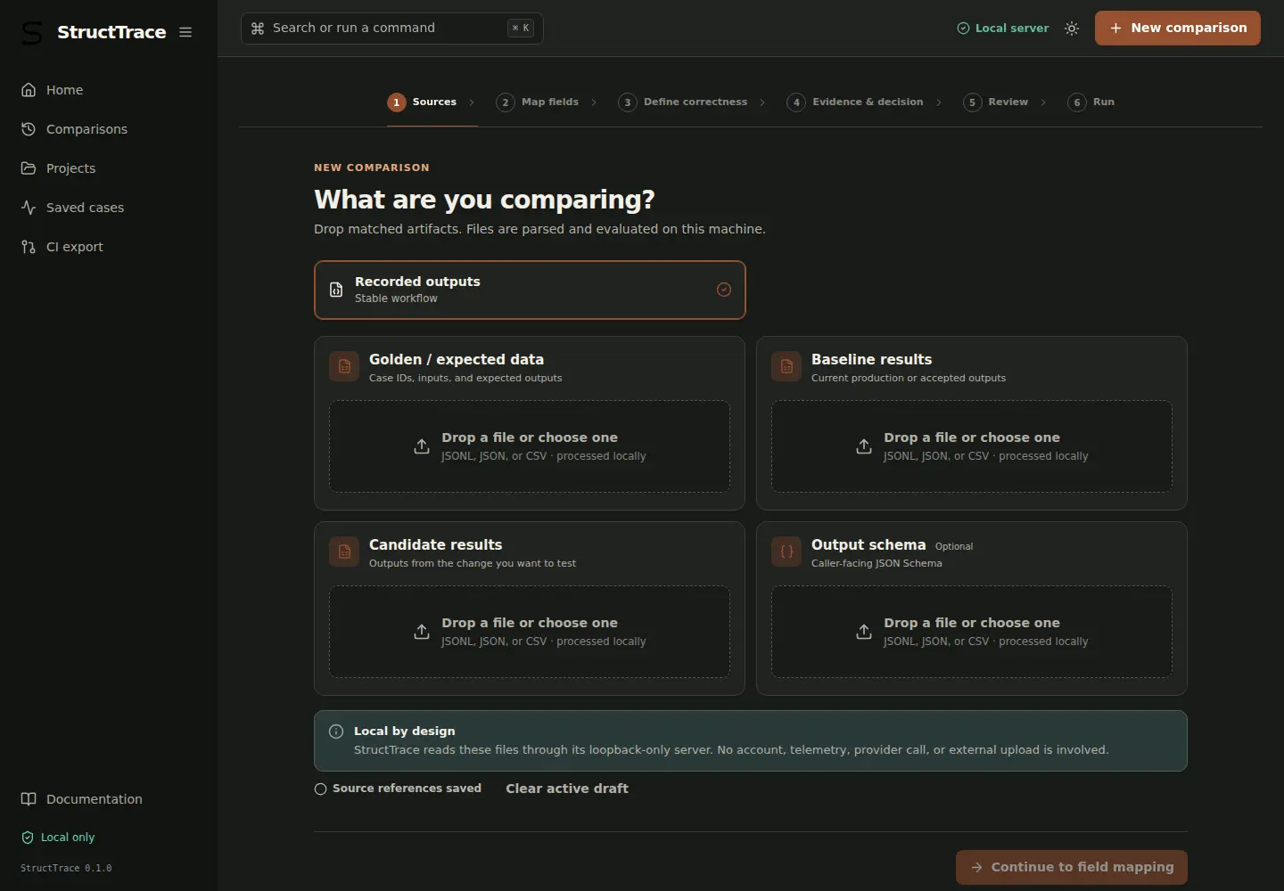 StructTrace recorded-output source setup screen